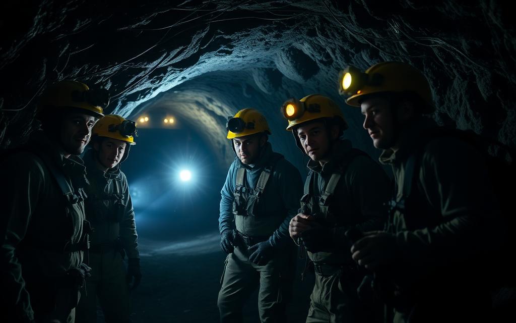 Gruppe erkundet gemeinsam einen unterirdischen Bergwerkstollen