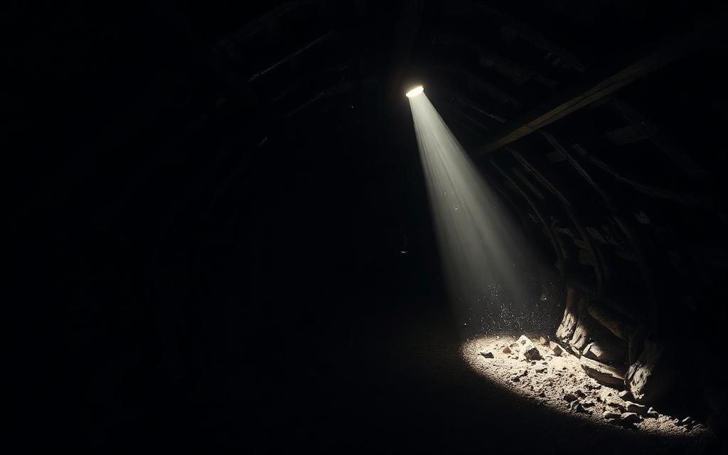 Dramatischer Lichtstrahl fällt in einen dunklen Bergwerkstunnel
