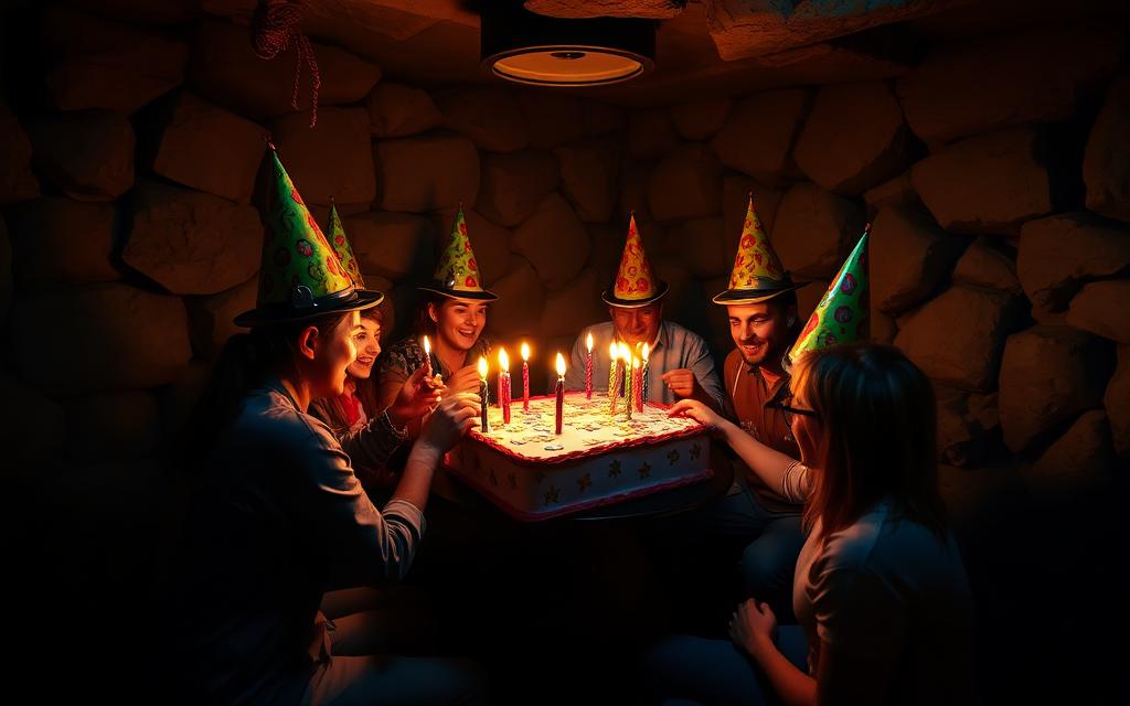Geburtstagsgruppe feiert gemeinsam mit Kuchen in einer Erlebniswelt