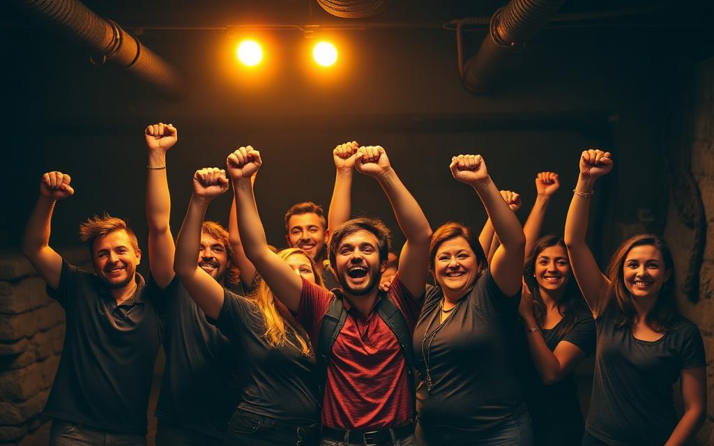 Gruppe feiert den Erfolg nach einem Escape Room Erlebnis