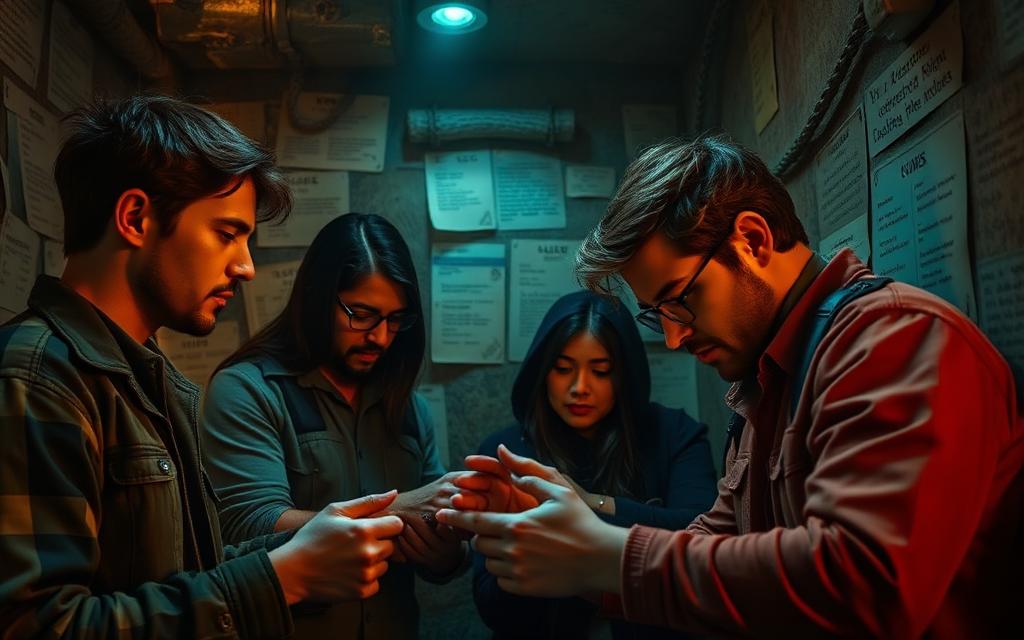 Team löst konzentriert Rätsel in einem atmosphärischen Escape Room