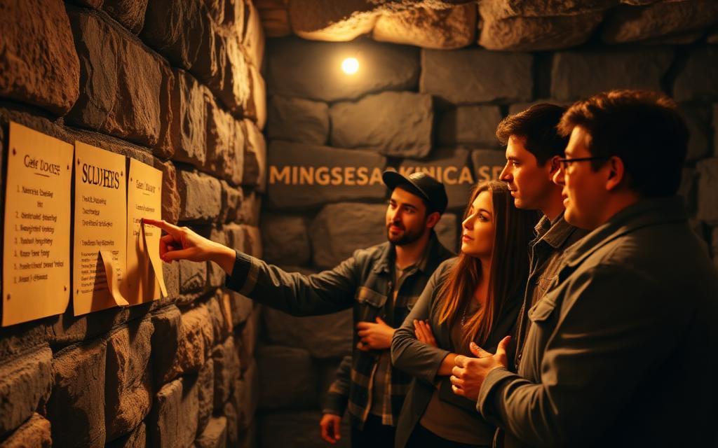 Team diskutiert Hinweise an einer Wand im Escape Room