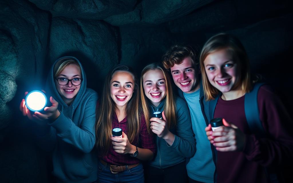 Teenager erkunden begeistert einen Escape Room im Bergbaustil