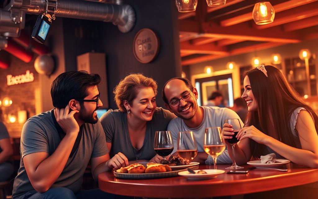 Freunde genießen gemeinsam Essen und Drinks nach einem Erlebnis
