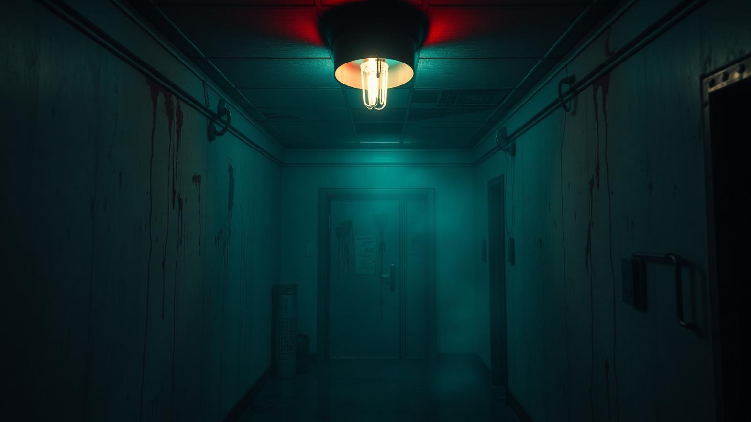 Düsterer Krankenhausflur mit flackerndem Licht – Horror Escape Room Atmosphäre