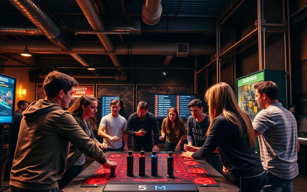Freundesgruppe spielt zusammen im Challenge Room in NRW