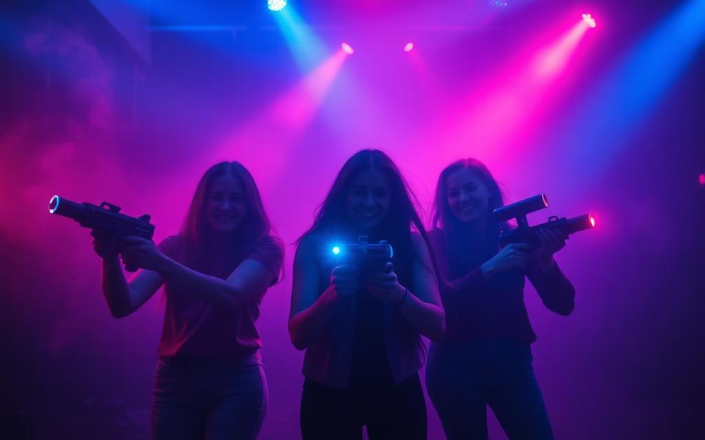 Freundinnen spielen LaserTag in einer Arena mit Neonbeleuchtung
