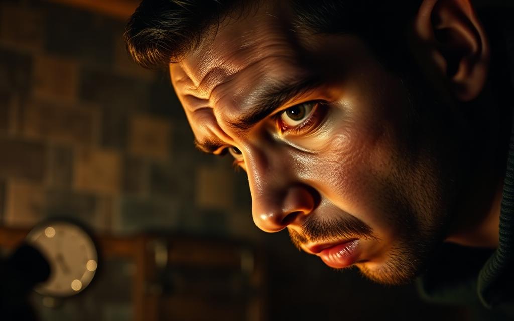 Konzentrierter Blick einer Person beim Lösen eines Rätsels im Escape Room