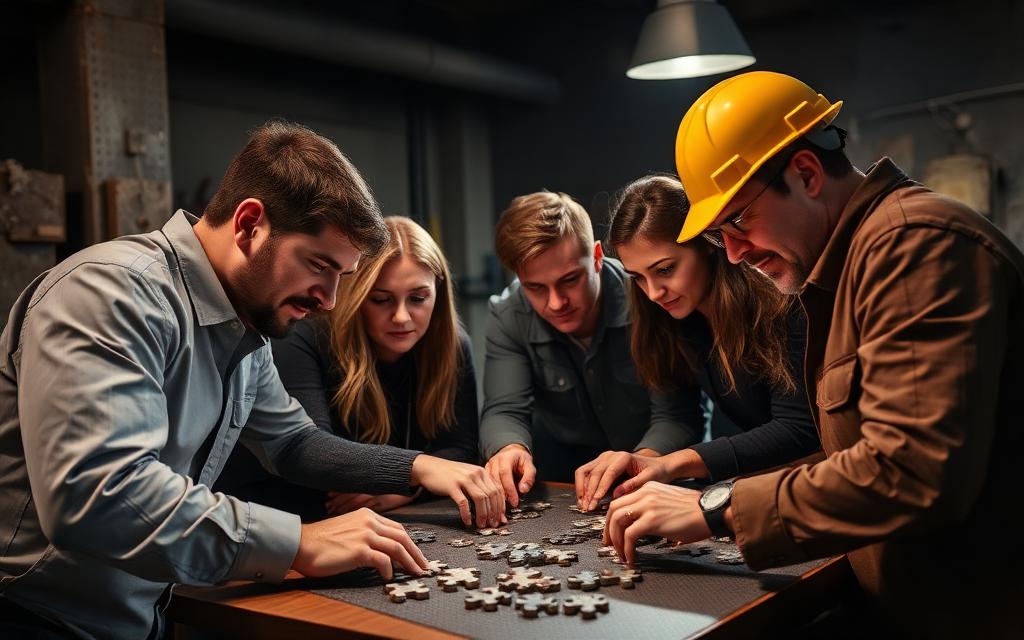 Team arbeitet zusammen an einer Challenge Room Aufgabe