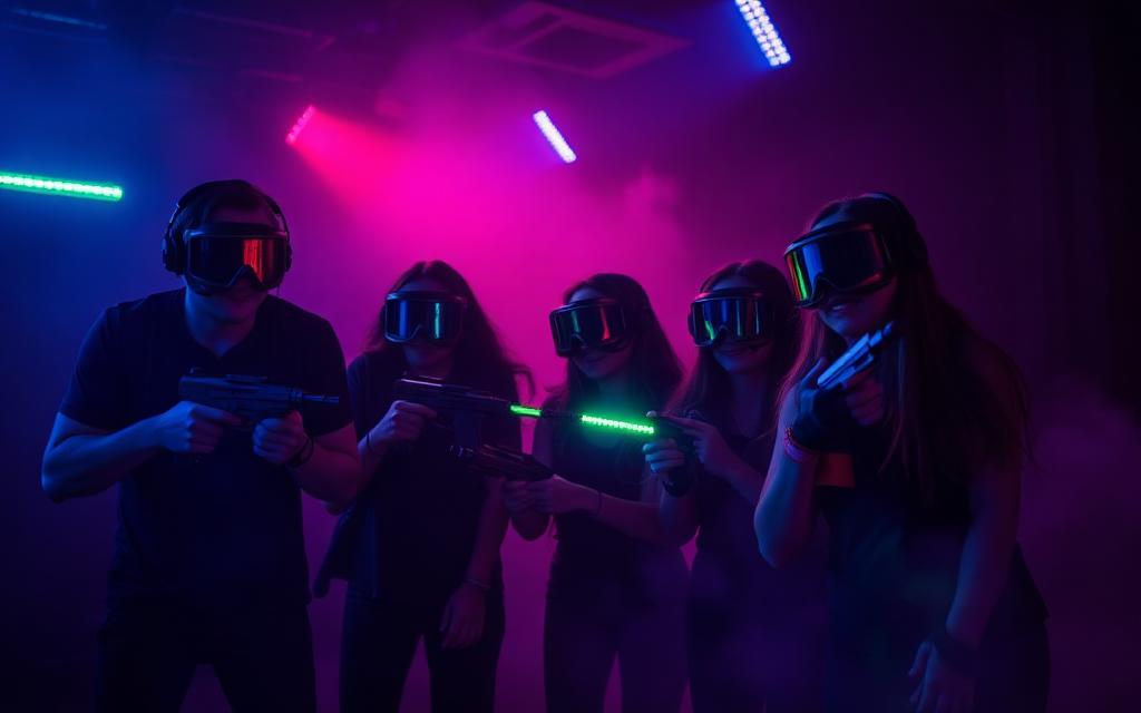 Gruppe spielt LaserTag in einer Arena mit Neonlichtern